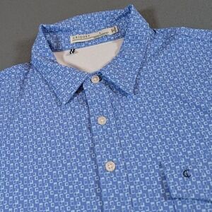 Criquet Mens Short Sleeve Collared Polo Shirt Size Large  Blue Geometric Print